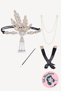 1920´er Gatsby/Charleston accessories/tilbehørssæt, sort/guld - 4 dele